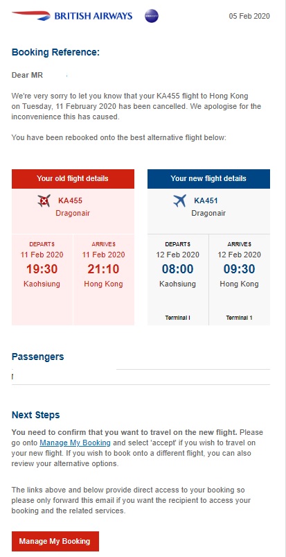 BA notification email and request for flight change confirmation